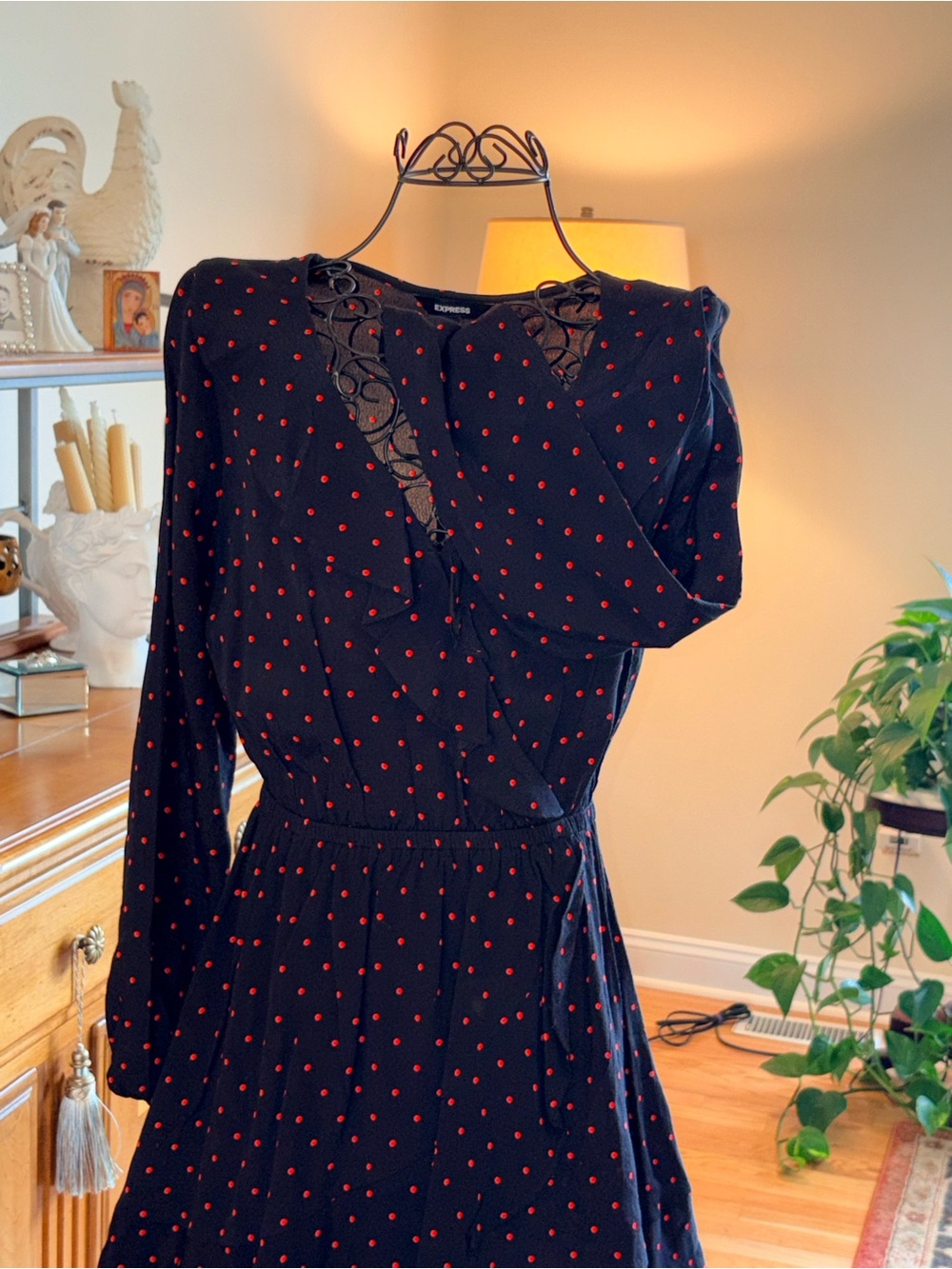 Express Black Dress with Red Polka Dot Print